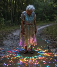 an older woman standing in the middle of a dirt road with colorful lights on it