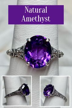 Natural Purple Amethyst Ring/ Solid Sterling Silver/ Natural Purple Amethyst Medieval Floral Filigree [Made To Order] Design#173 Graduation Ring, Graduation Rings, Amethyst Wedding, London Blue Topaz Ring