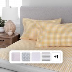 a bed with yellow and white checkered sheets