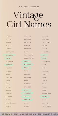 the ultimate list of vintage girl names in pastel green and black on a beige background