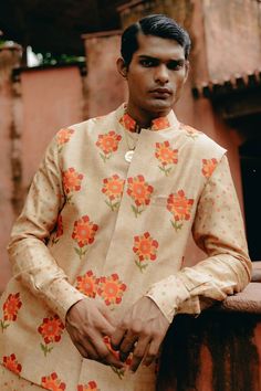 Biscuit brown bundi featuring floral print all over with front pockets. Paired with a printed kurta and pant. - Aza Fashions Festive Long Sleeve Bandhgala With Floral Print, Long Sleeve Kurta With Kalamkari Print For Weddings, Long Sleeve Kalamkari Print Kurta For Wedding, Traditional Nehru Jacket With Floral Print, Festive Brown Kurta With Printed Motifs, Traditional Nehru Jacket With Floral Print For Designer Wear, Festive Brown Sets With Printed Motifs, Designer Floral Print Traditional Bandhgala, Designer Traditional Bandhgala With Floral Print