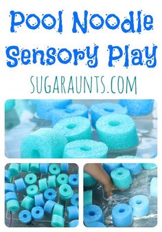 the words pool noodle sensory play are shown in blue and green doughnuts