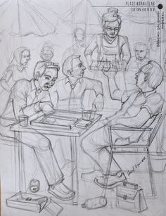 a drawing of people sitting at a table