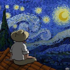 a teddy bear sitting on top of a roof in front of a starry night