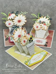 three greeting cards with flowers in vases on top of each other, one is for someone's birthday