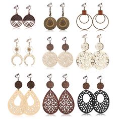 PRICES MAY VARY. Boho Earrings for Women: This dangle earrings set including 9 clip on earrings for women boho, each offering an unique flair with vintage round discs, elegant teardrops, and openwork designs in lightweight wood or metal Comfortable Clip On Earrings: These boho earrings for women trendy are designed for women with sensitive or non-pierced ears; These comfortable boho clip ons are featuring elements in wood or leather, Hypoallergenic, Lightweight and Don't Hurt Ethnic and Vintage: Bohemian Clip-on Metal Earrings, Brown Pierced Metal Earrings, Boho Earring, Trendy Boho, Bohemian Earrings, Leather Earrings, Pierced Ears, Vintage Boho, Boho Earrings