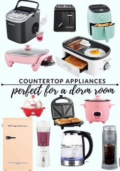 a bunch of different appliances that are in a room with the words countertop appliances perfect for a dorm room