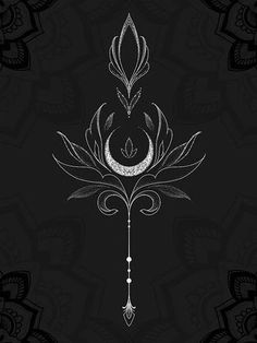 a black and white drawing of a flower on a dark background with an ornate design