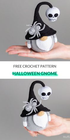 crochet pattern for a halloween gnome with a skull on its back and a spider on his head