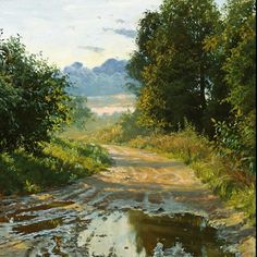 an oil painting of a dirt road with trees and water in the foreground on a sunny day