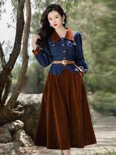 Brown Velvet Skirt, Dark Academia Aesthetic Outfit, Academia Aesthetic Outfit, Cottagecore Dresses, Fairy Dresses, Velvet Collar, Cottagecore Fashion