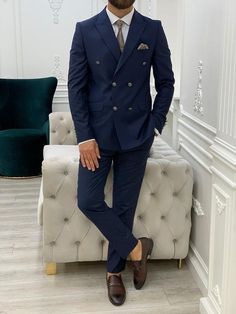 Zar Navy Blue Slim Fit Peak Lapel Double Breasted Suit-baagr.myshopify.com-1-BOJONI Navy Blue Outfits For Men, Brown Groomsmen Suits, Mens Suits Navy, Men Suits Blue, Blue Suit Men