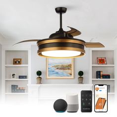 an image of a ceiling fan with remote control and appliance in the living room