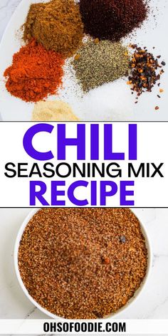 chili seasoning mix in a white bowl with the words chilli seasoning mix on it