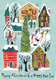 a christmas card with houses and trees in the snow, surrounded by people on skis