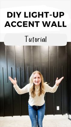 a woman standing in front of black lockers with the words diy light - up accent wall