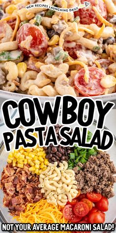 the cowboy pasta salad is ready to be eaten with it's own toppings