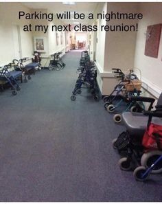 the hallway is full of wheelchairs and carts