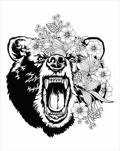 a bear with flowers on its head is shown in black and white, as well as the