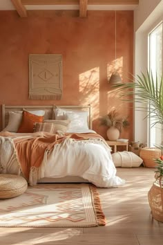 a bedroom with an orange wall and white bedding in the corner, potted plants on the floor