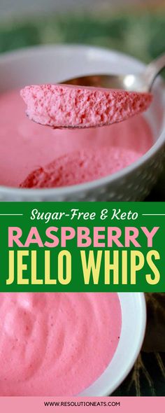 a spoon full of raspberry jello whips with the words sugar - free and keto on it