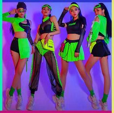 Rave Outfits Club, Performing Dresses Music, Majorette Uniforms Black Dance Costumes, Ninja Fancy Dress Women, Fancy Dress For Runners, Gender Neutral Dance Costumes, Dresses For A Neon Party, Neon Birthday Party Dresses, Hiphop Dance Shirt