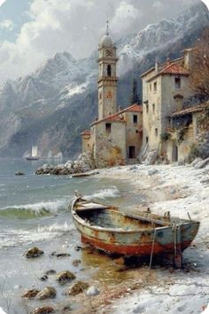 a painting of a boat on the shore with mountains in the background and snow covered ground