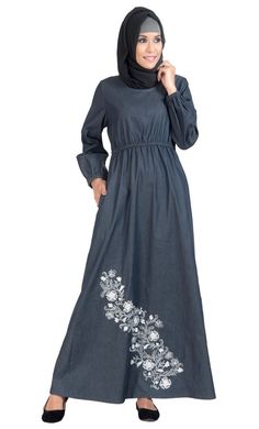 Floral embroidered fit and flared arabian abaya dress - EastEssence.com Modest Maxi Length Abaya For Fall, Fall Season Modest Maxi Length Abaya, Fall Modest Maxi Length Abaya, Modest Cotton Maxi Dress For Fall, Modest Abaya With Modesty Panel For Spring, Long Sleeve Cotton Dress For Eid, Spring Modest Abaya With Modesty Panel, Modest Floral Embroidered Abaya For Eid, Embroidered Modest Maxi Abaya