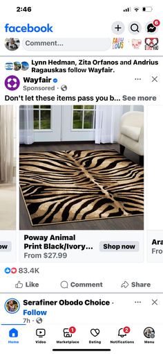 the facebook page has two pictures of zebra print rugs and one is for sale