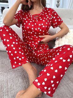 Heart Print Tee & Trousers PJ Set Red Cute  Short Sleeve  Heart,All Over Print Pant Sets Slight Stretch All Women Sleep & Lounge, size features are:Bust: ,Length: ,Sleeve Length: Heart Prints, Hari Valentine, Womens Pyjama Sets, Print Pajamas, Pajama Set Women, Round Neck Tops, Print Tee, Pyjama Set, Pajama Sets