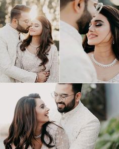 a man and woman are posing for pictures together in their wedding outfits, with the sun shining