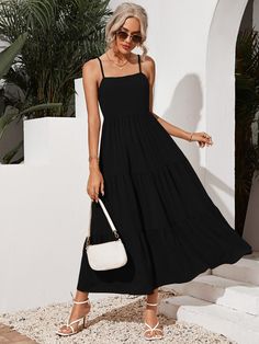 Black Tiered Dress Outfit, Boho Dress Outfit Summer, Black Dress Casual Summer, Basic Black Midi Dress, Simple Long Black Dress, Black Plain Dress, Black Tiered Dress, Summer Day Dresses, Maxi Dress Collection