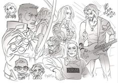 a drawing of some people and one is holding a guitar