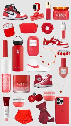 an assortment of red items including shoes, lipstick, and perfume bottles