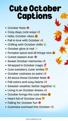 an autumn calendar with the words cute october captions written in different colors and shapes