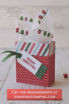 an origami christmas bag with the words get the measurements at sunnydaystamping com