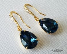 Montana Blue Navy Blue Teardrop Crystal Gold Dangle Wedding Bridal Bridesmaids Earrings. PLEASE READ ITEM DESCRIPTION and SHOP POLICIES before placing your order, and contact me with any questions! EARRINGS are about 1.18 inch (3cm) long from top of earring wire to bottom. MATCHING NECKLACE (Pic.#6): https://www.etsy.com/listing/467715012/navy-blue-gold-crystal-necklace?ref=shop_home_active_1&frs=1 BRIDESMAIDS JEWELRY SECTION: https://www.etsy.com/shop/LanaChayka?ref=seller-platform-mcnav&sectio Blue Drop Bridal Earrings For Party, Blue Drop Bridal Earrings For Wedding, Blue Teardrop Wedding Earrings, Navy Blue Jewelry, Blue Jewelry Set, Dark Blue Earrings, Blue Wedding Jewelry, Gold Crystal Necklace, Wedding Navy