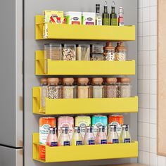 a yellow spice rack with spices and condiments