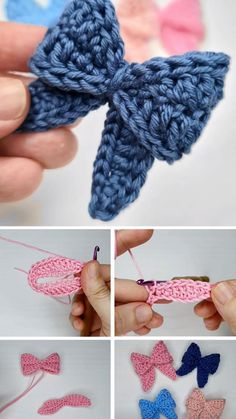 crocheted bow made with yarn and thread is shown in four different pictures, including the