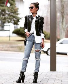 Camila Coelho - camisa-branca-jaqueta-calça-destroyed-meia-arrastão - meia-arrastão - inverno - street style Vans Outfit, Legging Outfits, Mode Casual, Outfit Jeans, Outfit Trends, Inspired Outfits, Inspiration Mode, Outfits Casuales