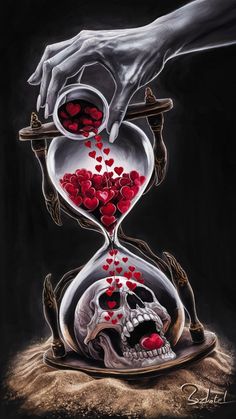 a painting of two hands holding an hourglass with red hearts coming out of it