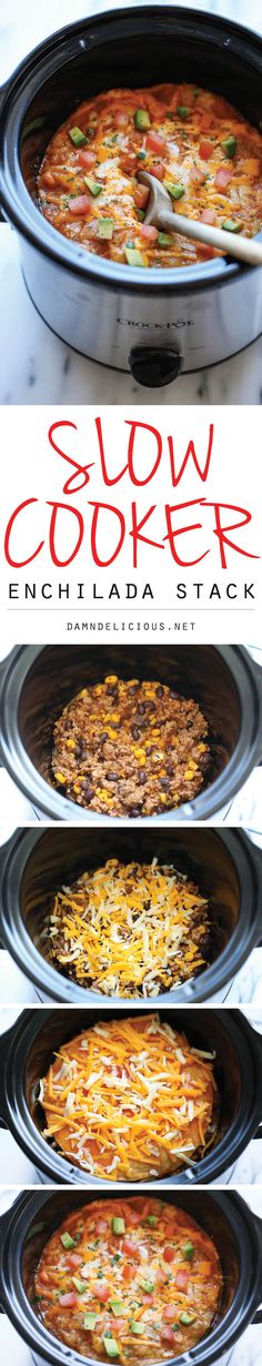 slow cooker enchilada stack is shown with the title in the middle