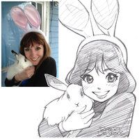 a drawing of a girl with bunny ears holding a rabbit