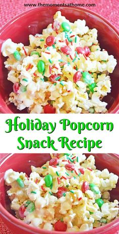 holiday popcorn snack recipe in a red bowl