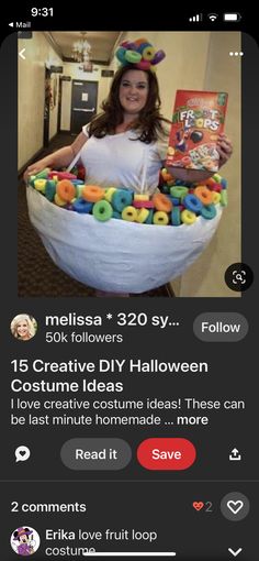 a woman in a white shirt is holding a book and sitting in a bowl filled with cereal