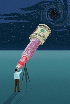 a man looking at money on a telescope