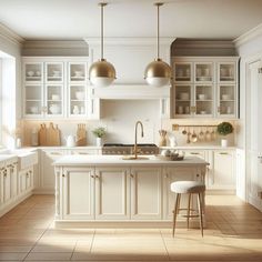 a large kitchen with white cabinets and gold accents on the ceiling, along with two stools