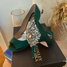 In Great Condition Wore For My Wedding Peacock Shoes, Green Peacock, Shoes Green, Badgley Mischka Shoes, Rhinestone Shoes, Peacock Green, Shoes Color, Badgley Mischka, My Wedding