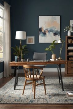 an office with blue walls and wooden furniture in the center, along with a rug on the floor