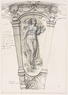 a drawing of a woman standing next to a column